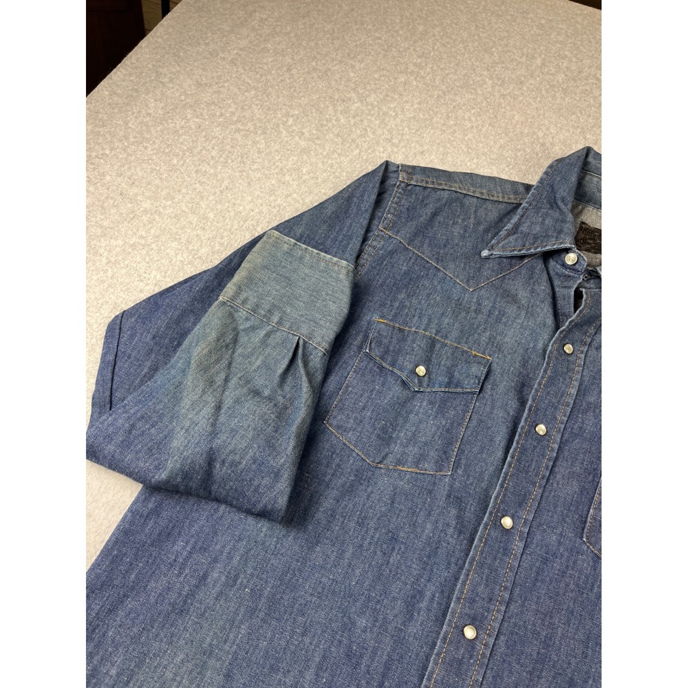 Vintage 70s Sears Roebucks Western Denim Shirt Mens Large 16 Blue Pearl Snap - Picture 4 of 8